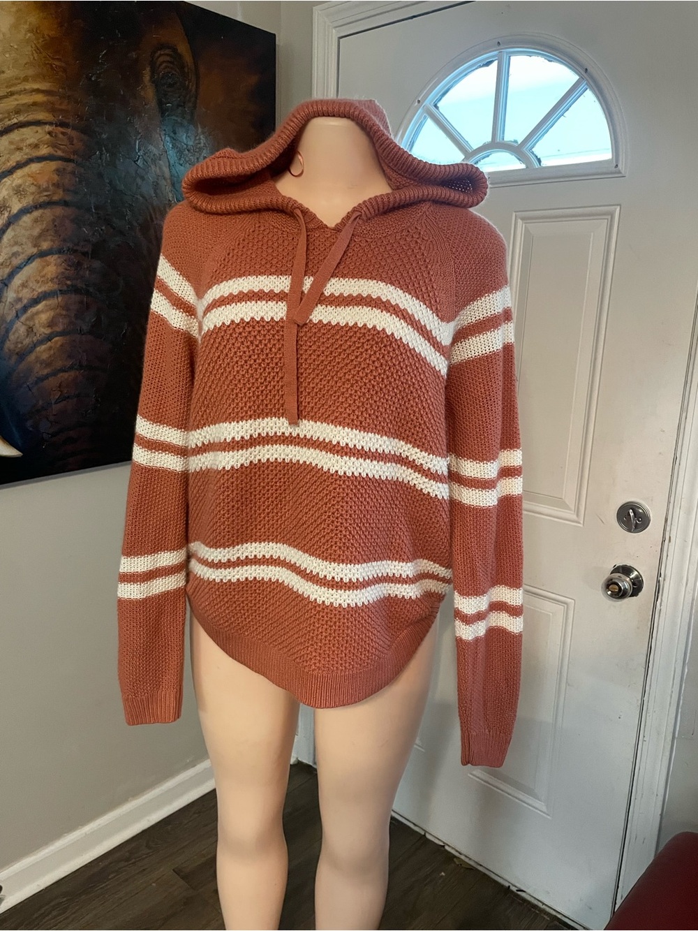 Cozy Hooded Stripe Knit Sweater - Rust and White Large woman warm comfort top